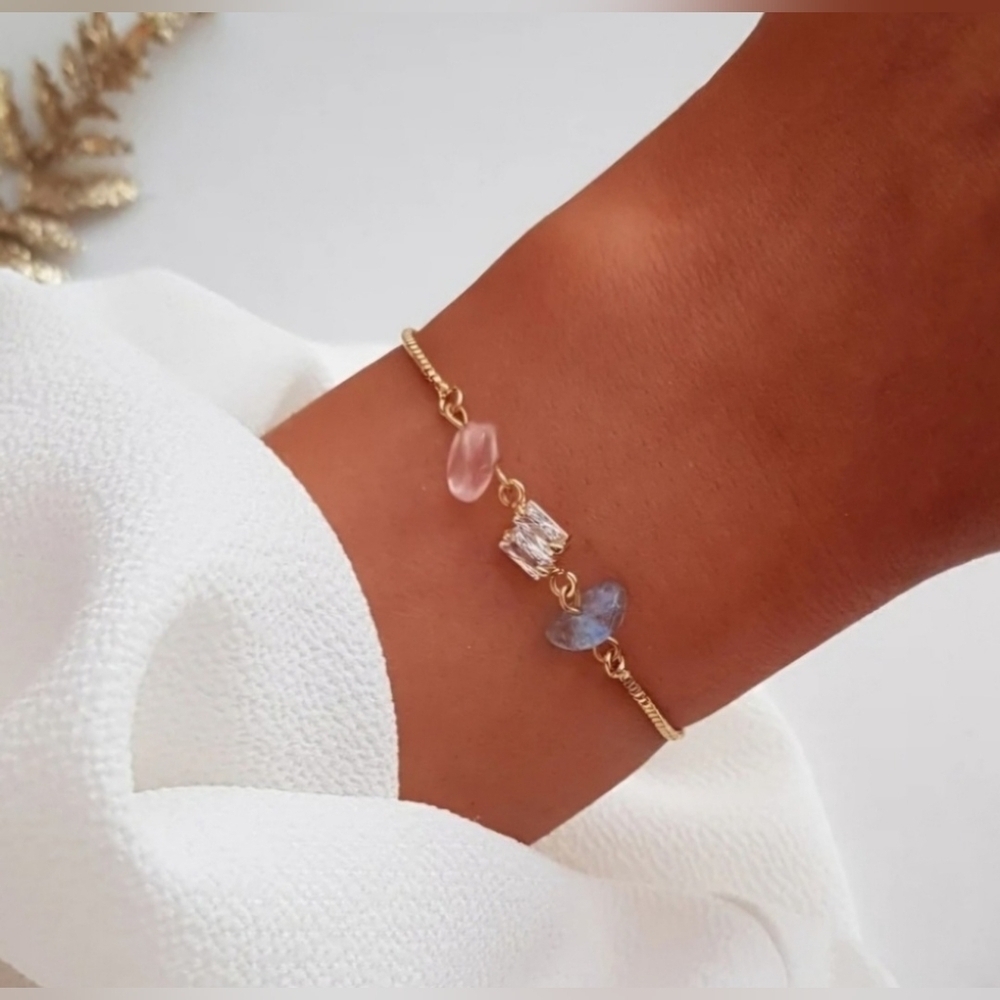 NWOT | Women's Rose Quartz, Aquamarine & CZ Crystal Bracelet | 18K Gold Plated - Picture 8 of 8